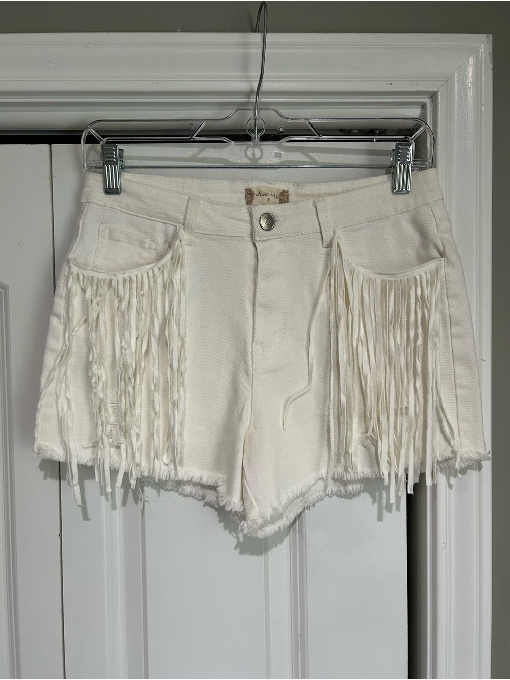 Altar'd State Ivory Fringe Denim Cutoff Shorts